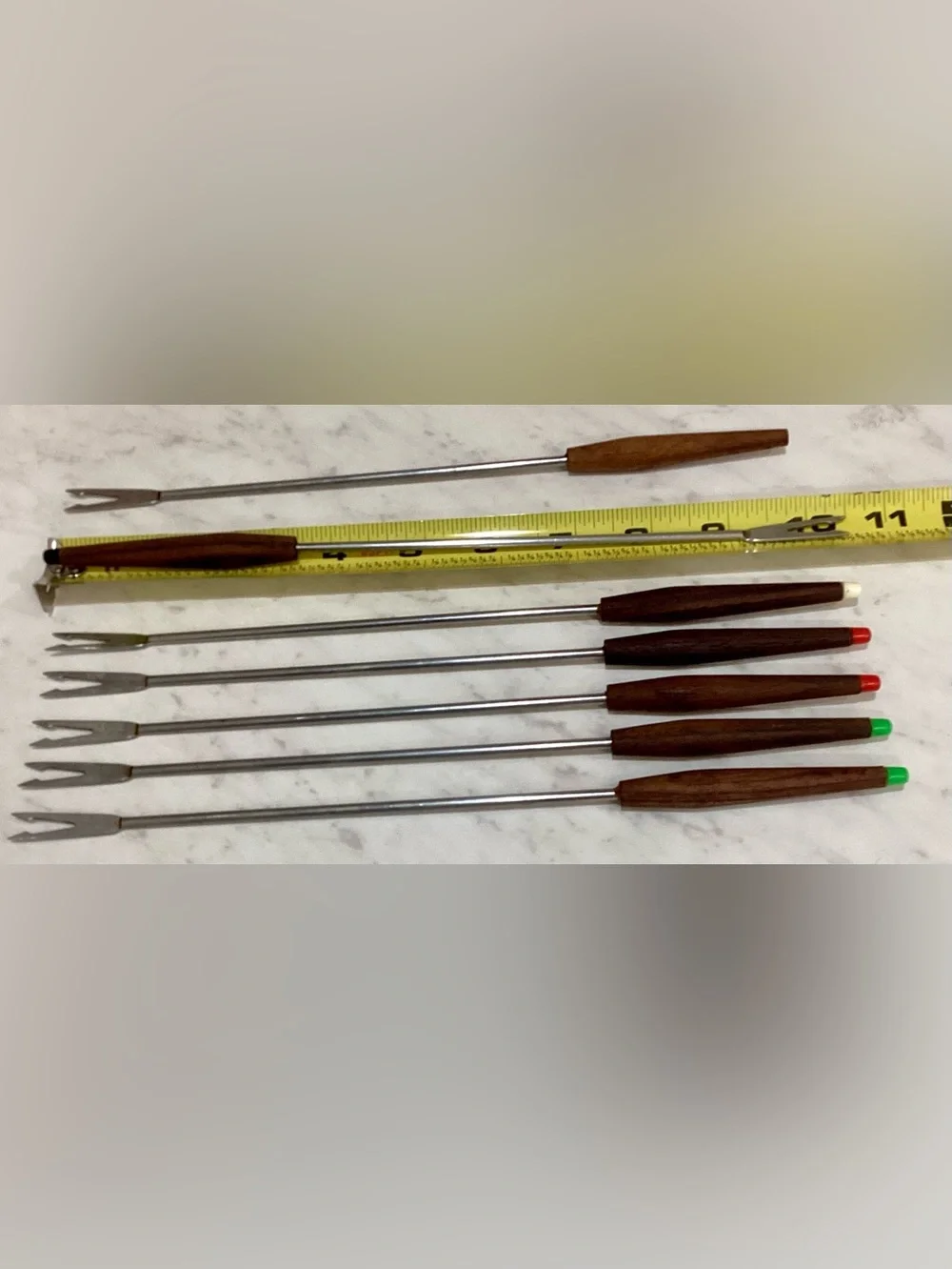 Vintage MCM Fondue Forks Set of 6 + 1 Bonus Extra Teak Wood Stainless Japan